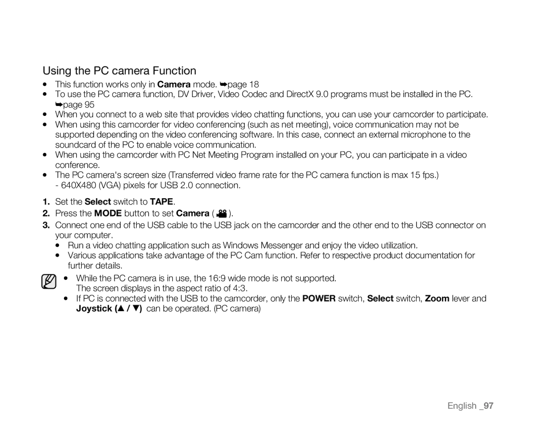 Samsung SC-D381 user manual Using the PC camera Function 