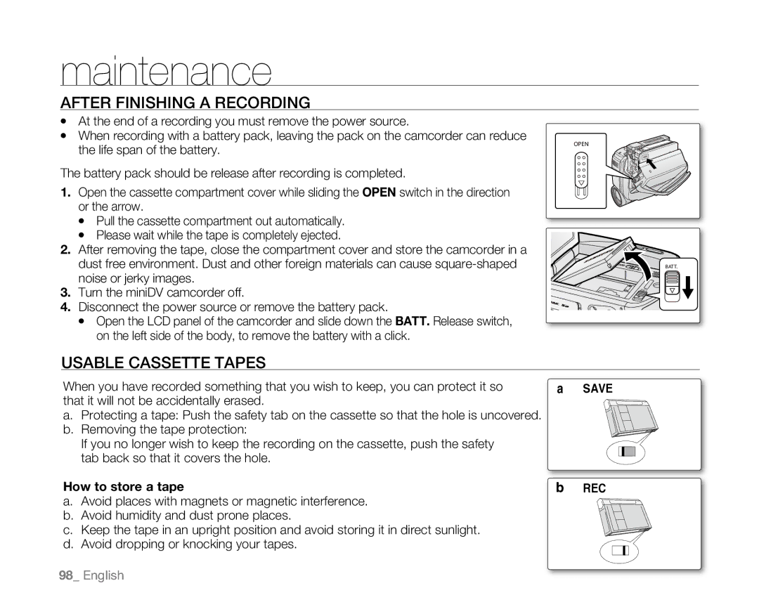 Samsung SC-D381 user manual Maintenance, After Finishing a Recording, Usable Cassette Tapes, How to store a tape 