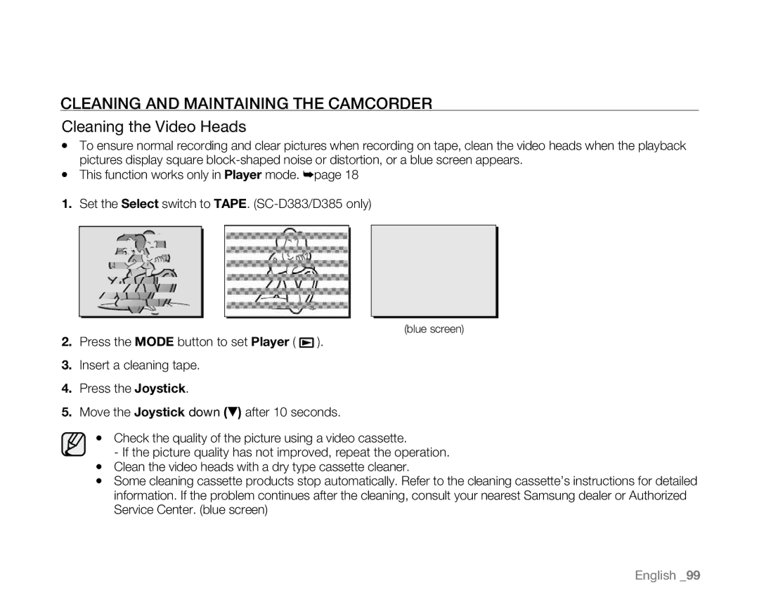 Samsung SC-D381 user manual Blue screen 