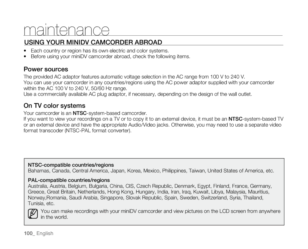 Samsung SC-D381 user manual Using Your Minidv Camcorder Abroad, Power sources, On TV color systems 