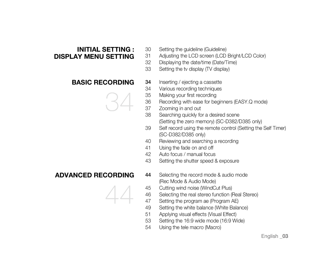 Samsung SC-D381 user manual Initial Setting Display Menu Setting 