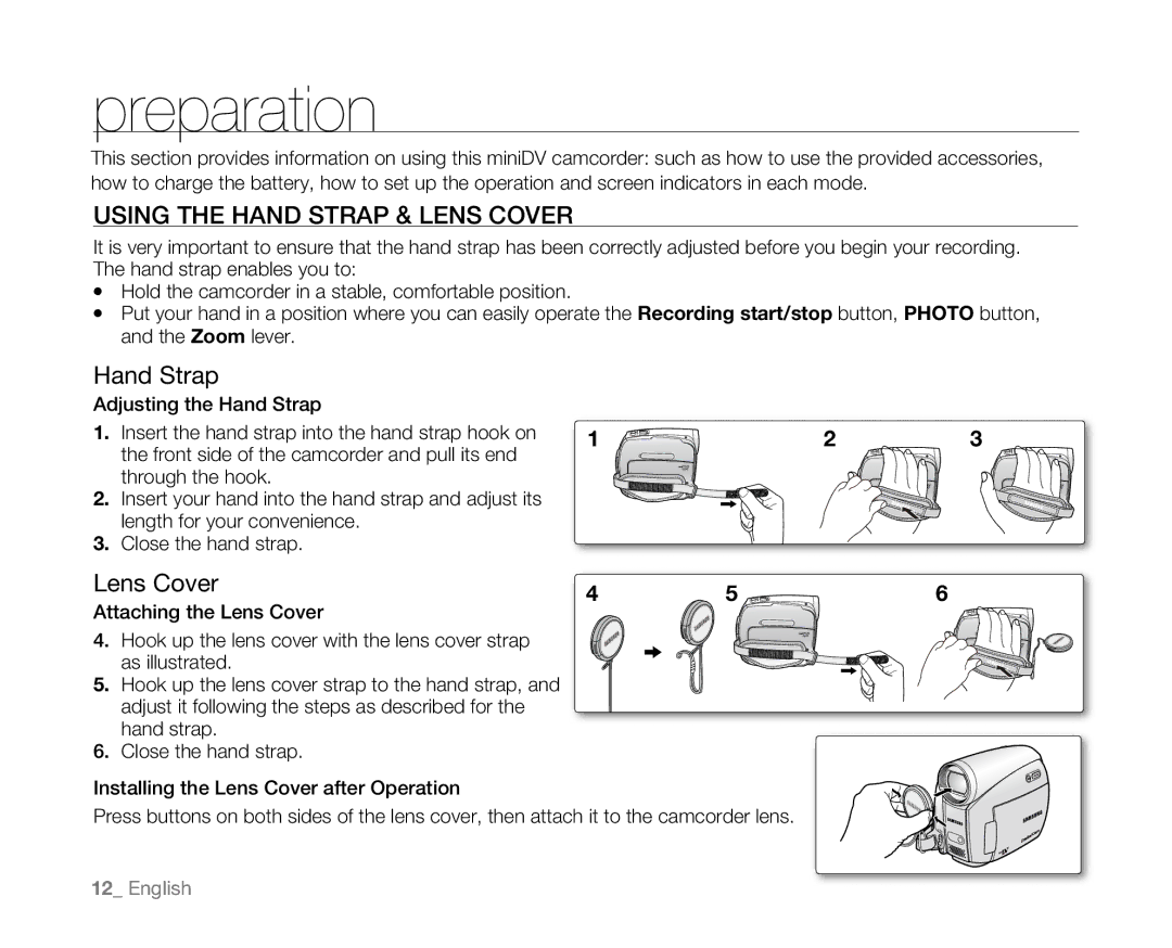 Samsung SC-D381 user manual Preparation, Using the Hand Strap & Lens Cover, Attaching the Lens Cover 