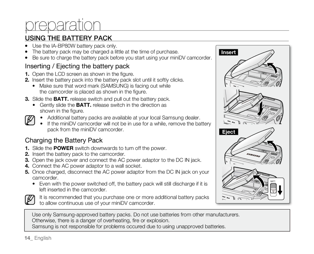 Samsung SC-D381 user manual Using the Battery Pack, Inserting / Ejecting the battery pack, Charging the Battery Pack 