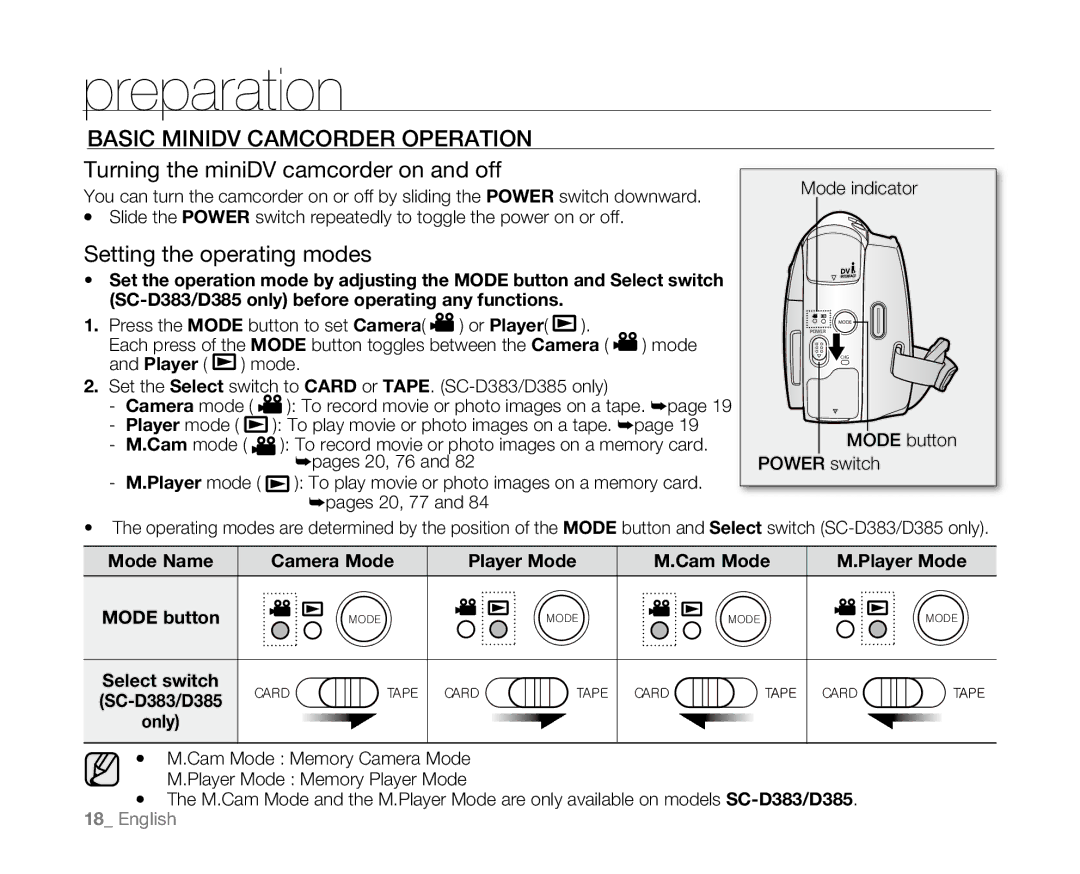 Samsung SC-D381 user manual Basic Minidv Camcorder Operation, Turning the miniDV camcorder on and off 