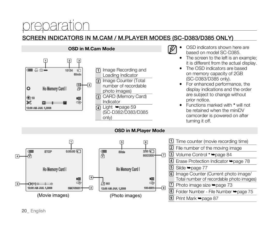 Samsung SC-D381 user manual OSD in M.Cam Mode, OSD in M.Player Mode 