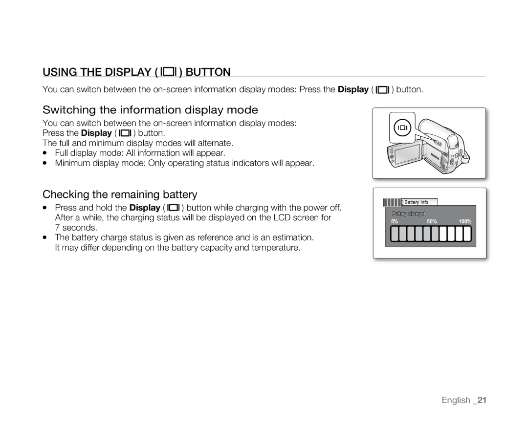 Samsung SC-D381 Using the Display Button, Switching the information display mode, Checking the remaining battery 