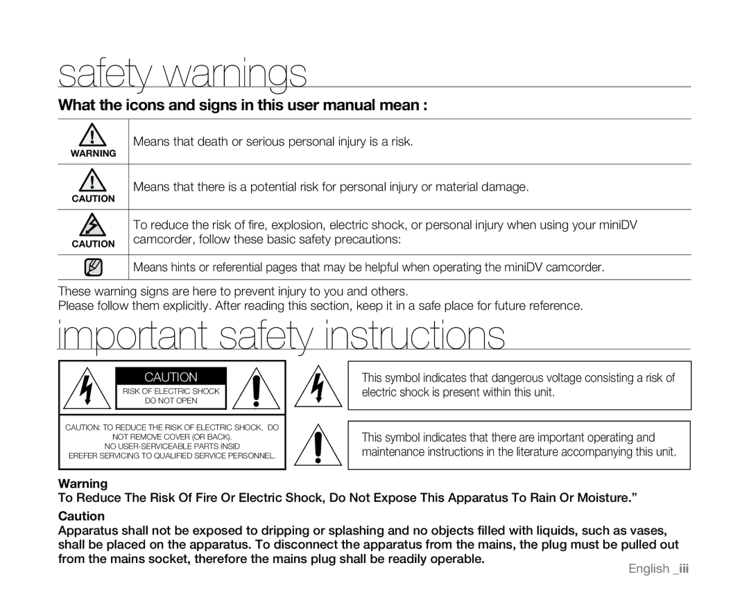 Samsung SC-D381 Safety warnings, Important safety instructions, Camcorder, follow these basic safety precautions 