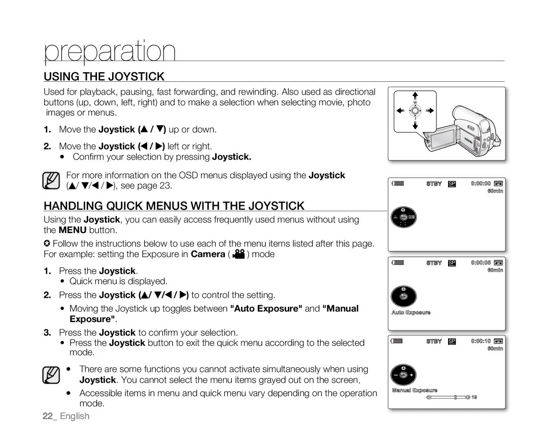 Samsung SC-D381 user manual Using the Joystick, Handling Quick Menus with the Joystick 