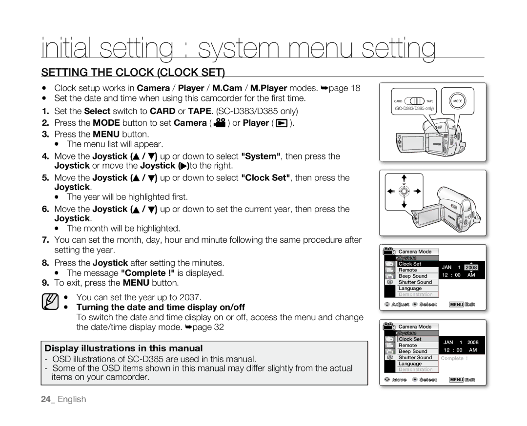 Samsung SC-D381 Initial setting system menu setting, Setting the Clock Clock SET, Turning the date and time display on/off 