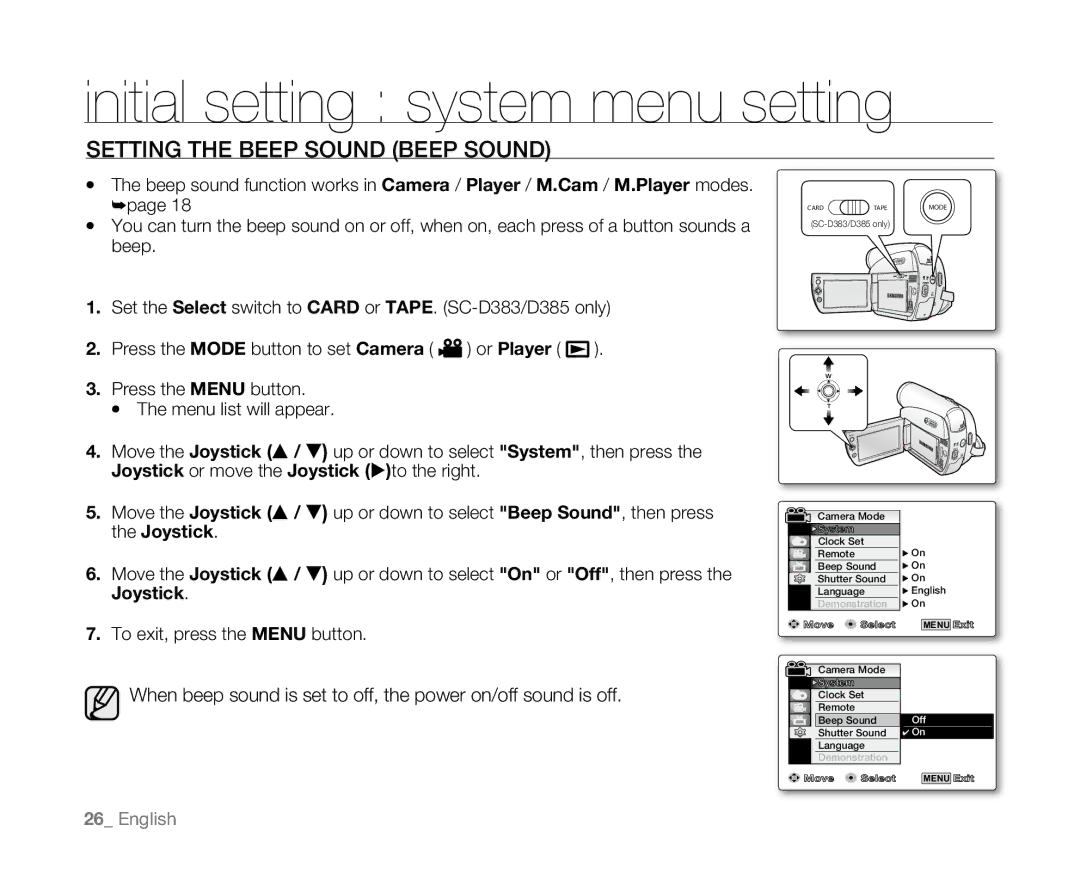 Samsung SC-D381 user manual Setting the Beep Sound Beep Sound 