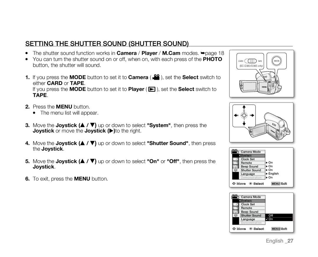 Samsung SC-D381 user manual Setting the Shutter Sound Shutter Sound 