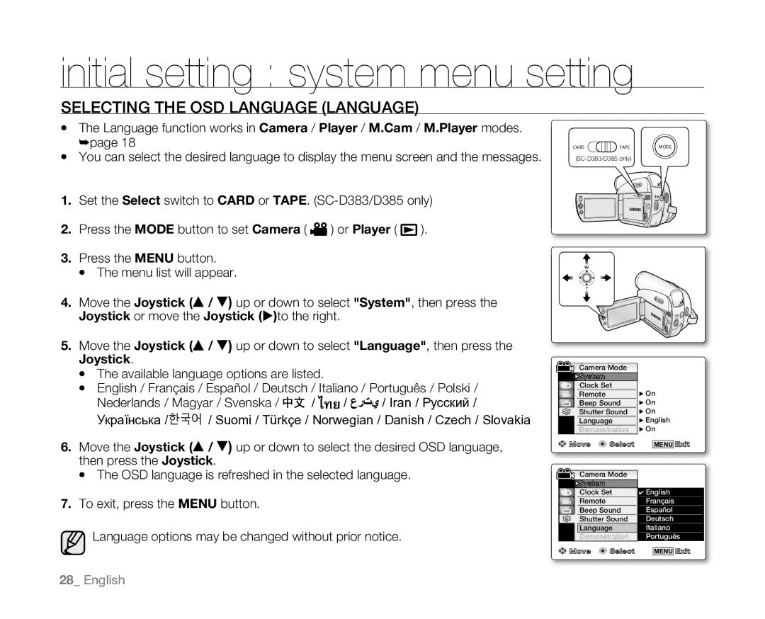 Samsung SC-D381 user manual Selecting the OSD Language Language, Joystick, To exit, press the Menu button 