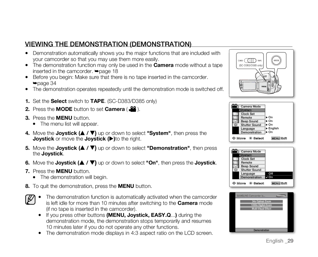 Samsung SC-D381 user manual Viewing the Demonstration Demonstration 