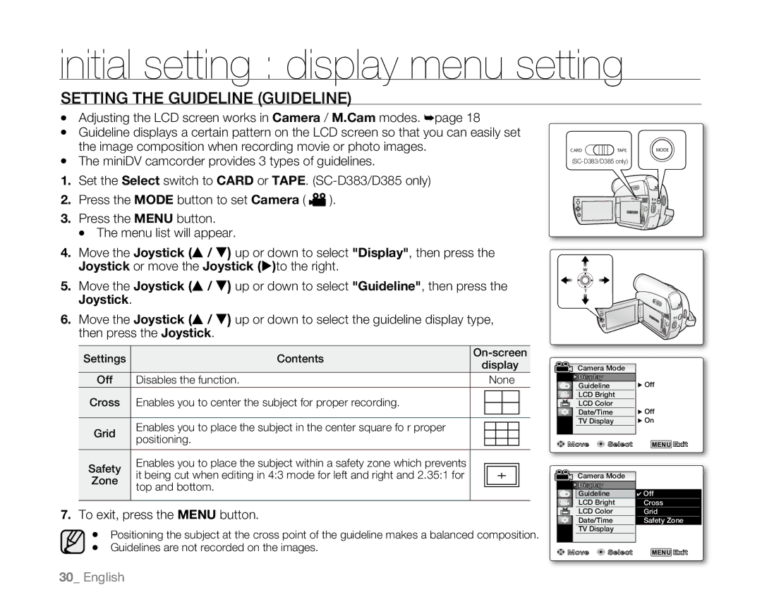 Samsung SC-D381 user manual Initial setting display menu setting, Setting the Guideline Guideline 