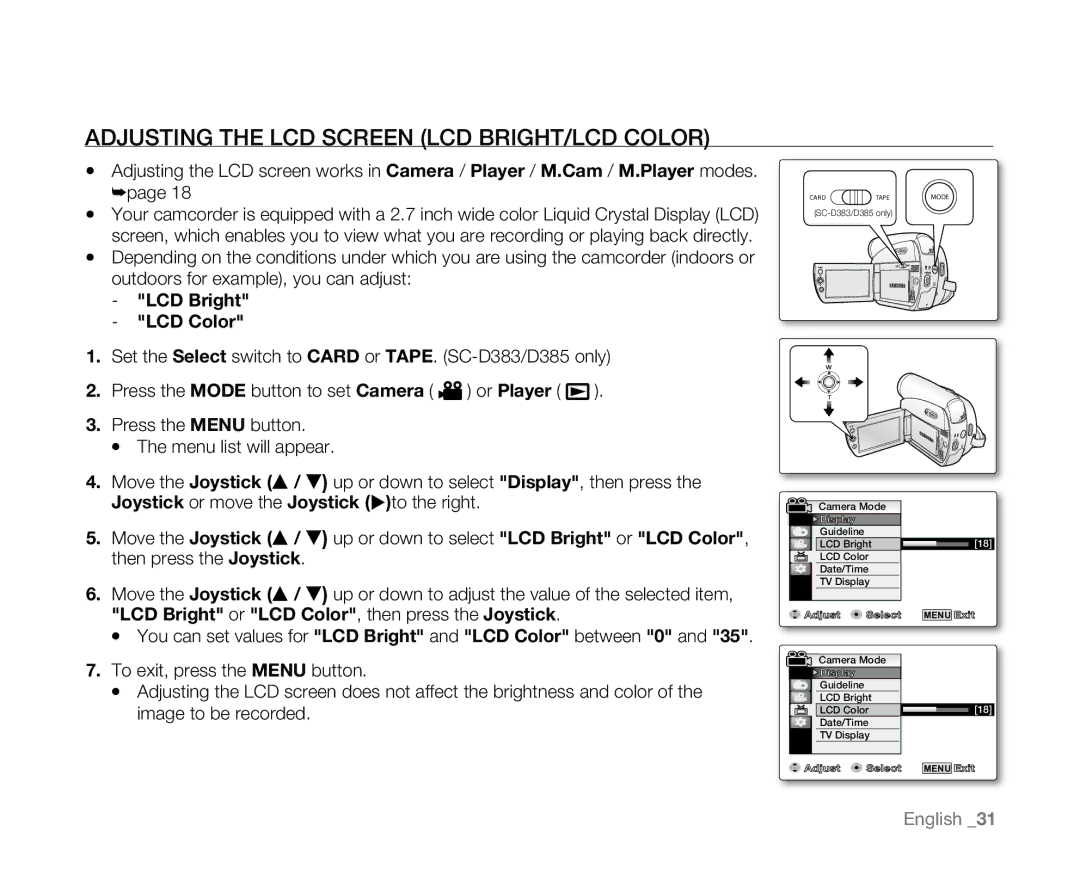 Samsung SC-D381 user manual Adjusting the LCD Screen LCD BRIGHT/LCD Color, LCD Bright LCD Color 