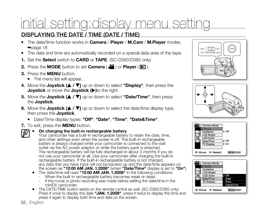 Samsung SC-D381 user manual Initial settingdisplay menu setting, Displaying the Date / Time Date / Time 