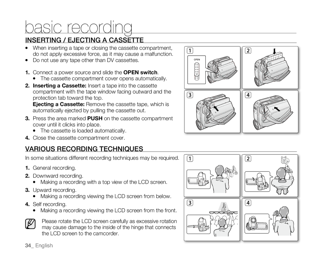 Samsung SC-D381 user manual Basic recording, Inserting / Ejecting a Cassette, Various Recording Techniques 