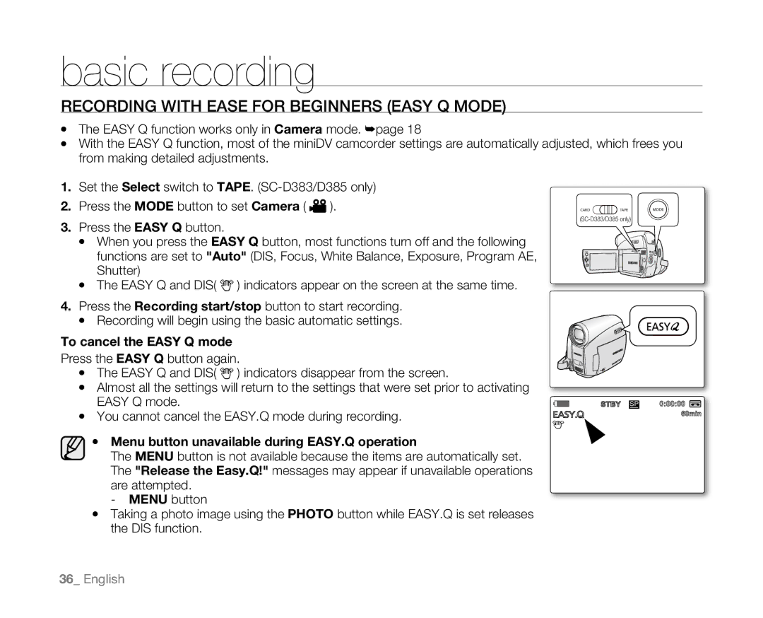 Samsung SC-D381 user manual Recording with Ease for Beginners Easy Q Mode, To cancel the Easy Q mode 