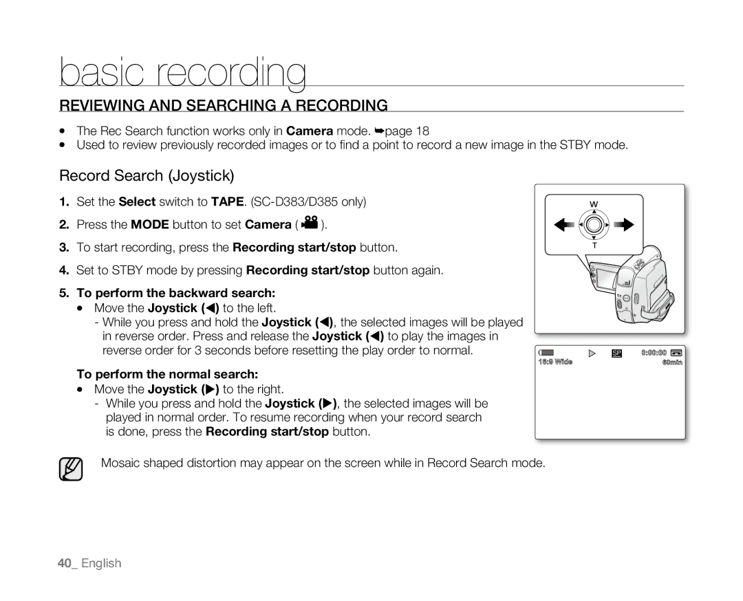 Samsung SC-D381 user manual Reviewing and Searching a Recording, Record Search Joystick, To perform the backward search 