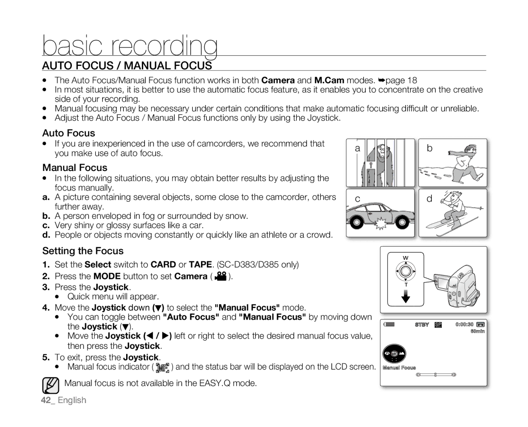 Samsung SC-D381 user manual Auto Focus / Manual Focus 