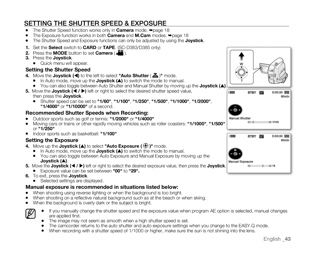 Samsung SC-D381 Setting the Shutter Speed & Exposure, Recommended Shutter Speeds when Recording, Setting the Exposure 