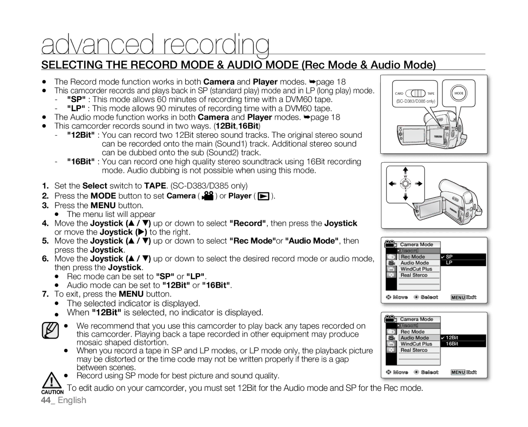 Samsung SC-D381 user manual Advanced recording, Selecting the Record Mode & Audio Mode Rec Mode & Audio Mode 