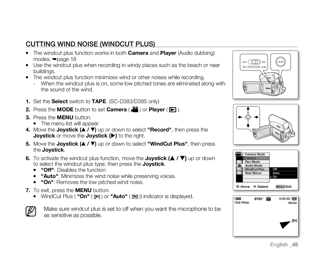 Samsung SC-D381 user manual Cutting Wind Noise Windcut Plus 