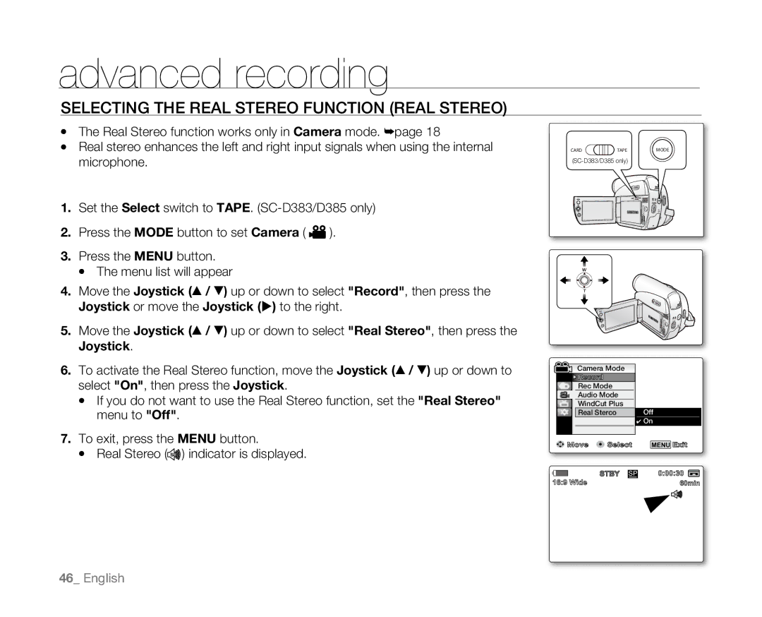 Samsung SC-D381 user manual Selecting the Real Stereo Function Real Stereo 