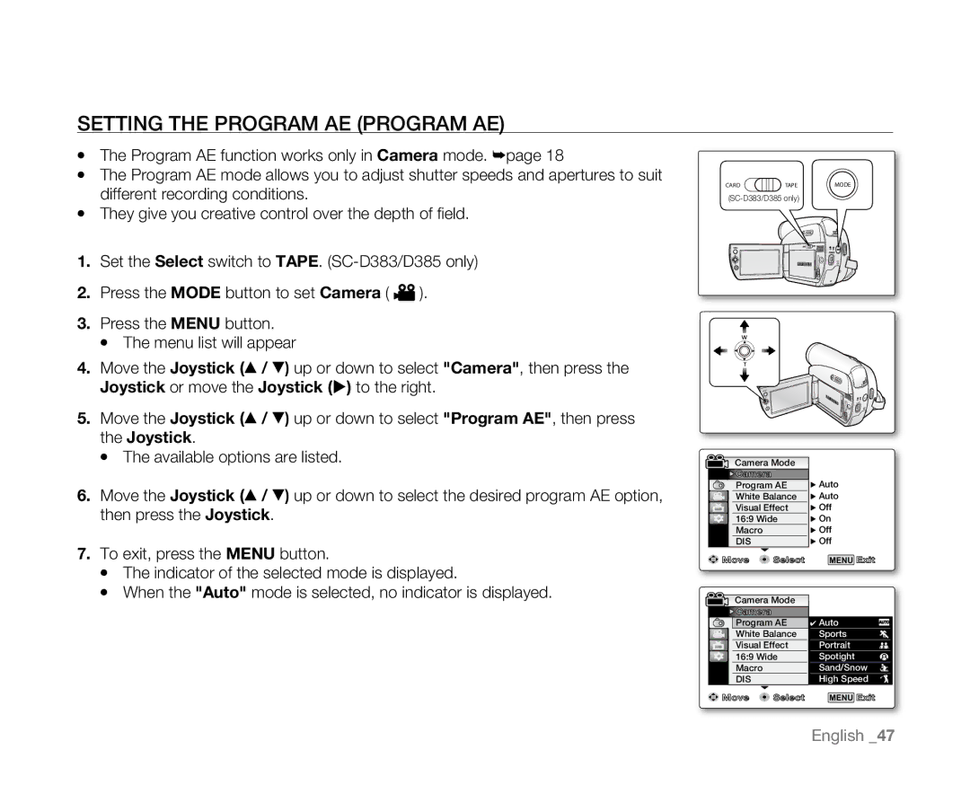 Samsung SC-D381 user manual Setting the Program AE Program AE 