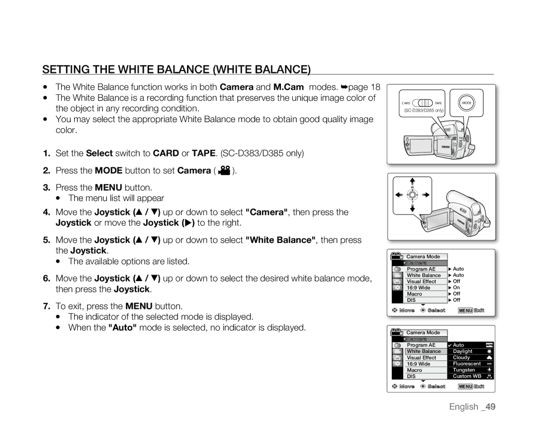 Samsung SC-D381 user manual Setting the White Balance White Balance 