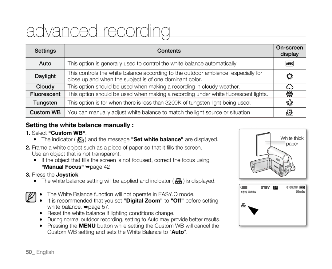 Samsung SC-D381 user manual Setting the white balance manually, Select Custom WB 