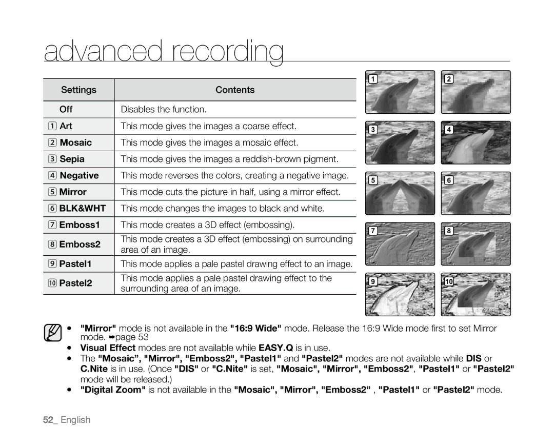 Samsung SC-D381 user manual Sepia, Mirror, Emboss2,  Pastel2 