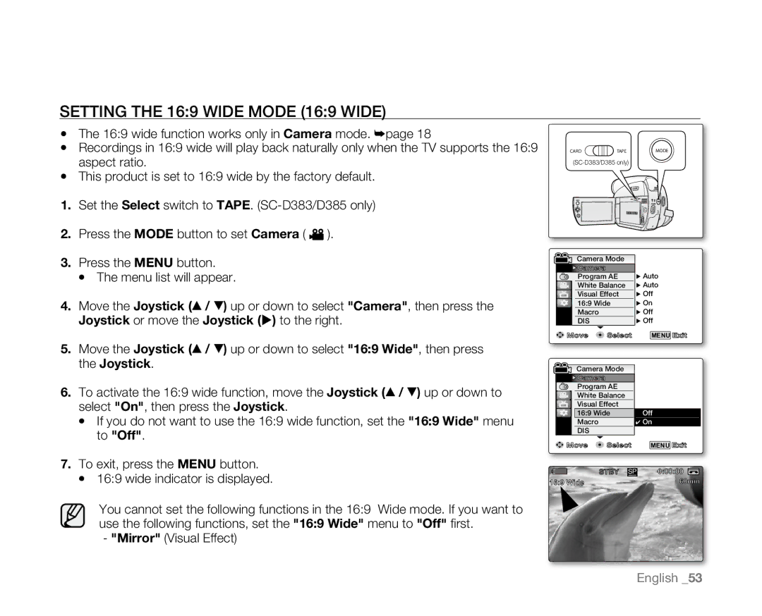 Samsung SC-D381 user manual Setting the 169 Wide mode 169 Wide, Mirror Visual Effect 