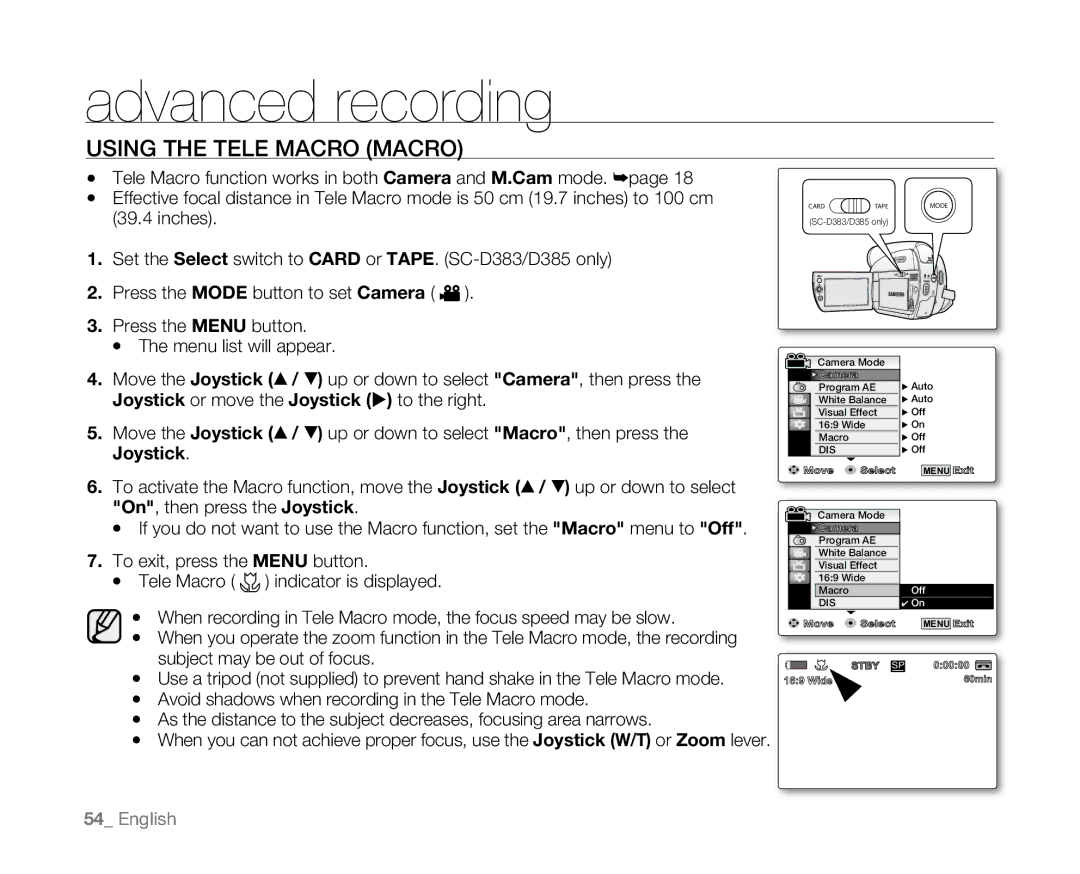 Samsung SC-D381 user manual Using the Tele Macro Macro 