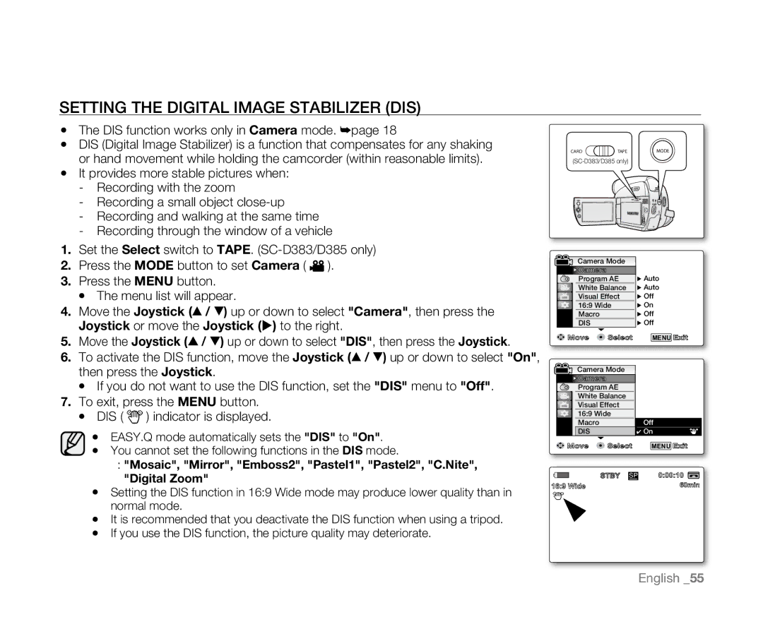 Samsung SC-D381 user manual Setting the Digital Image Stabilizer DIS, DIS function works only in Camera mode 