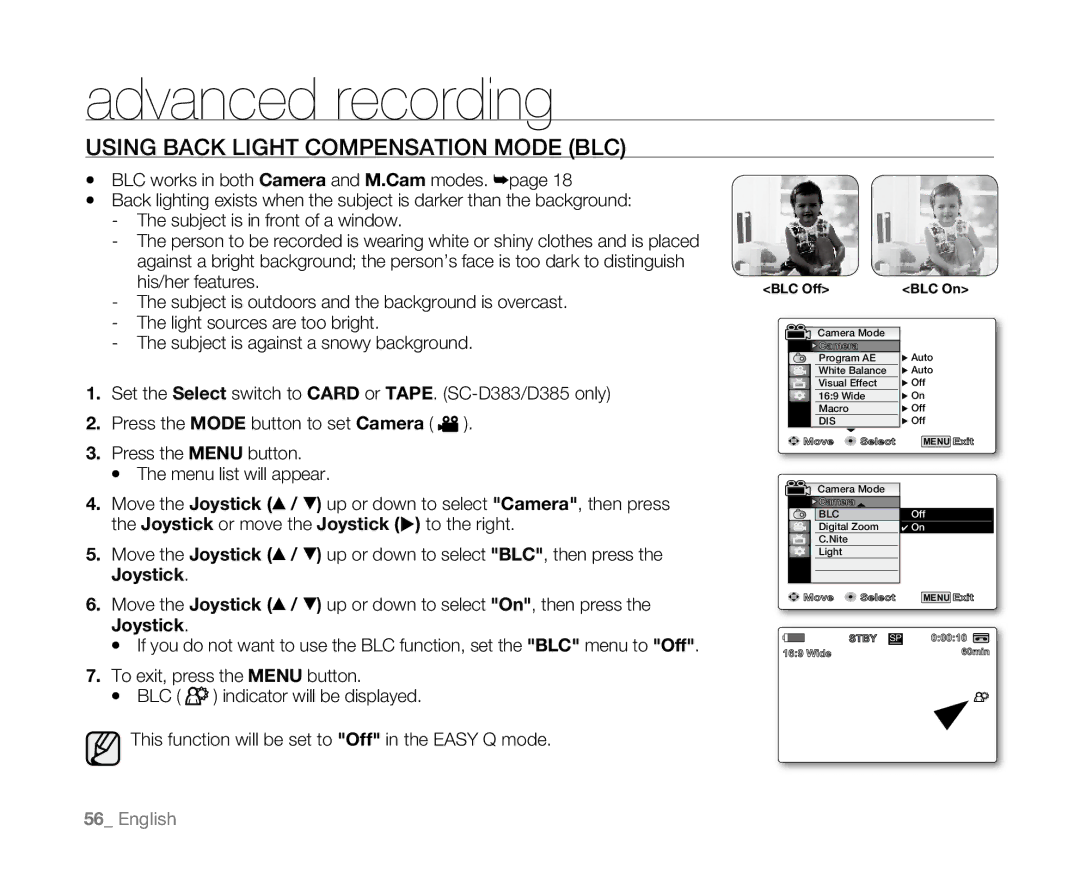 Samsung SC-D381 user manual Using Back Light Compensation Mode BLC, BLC Off BLC On 