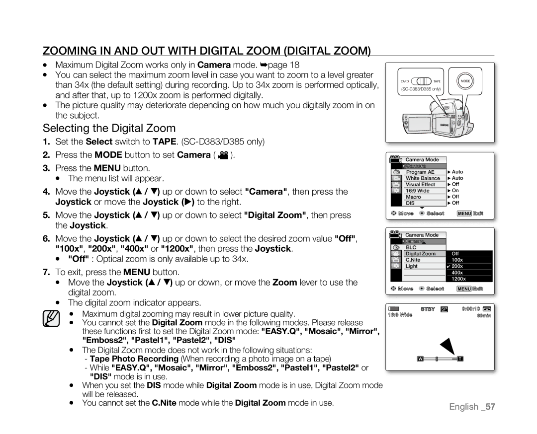 Samsung SC-D381 user manual Zooming In and Out with Digital Zoom Digital Zoom, Selecting the Digital Zoom 