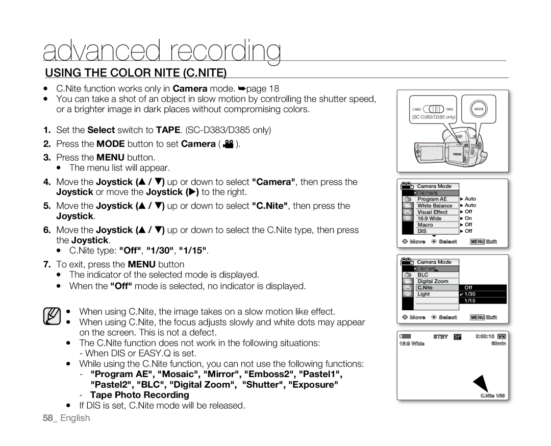 Samsung SC-D381 user manual Using the Color Nite C.NITE, Tape Photo Recording 