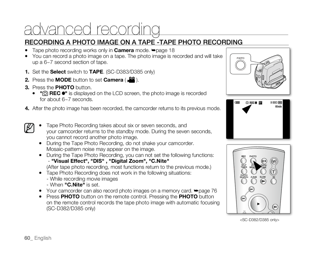 Samsung SC-D381 Recording a Photo Image on a Tape -TAPE Photo Recording, Visual Effect, DIS , Digital Zoom, C.Nite 