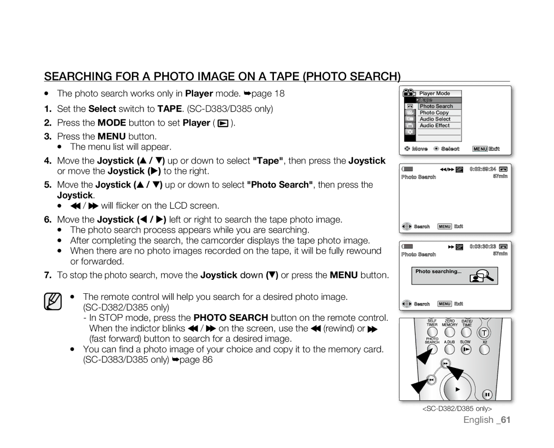 Samsung SC-D381 user manual Searching for a Photo Image on a Tape Photo Search 