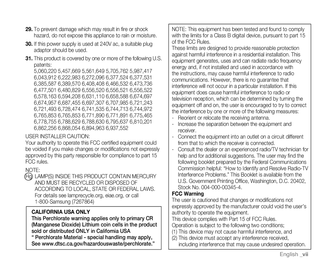 Samsung SC-D381 user manual User Installer Caution, FCC Warning 