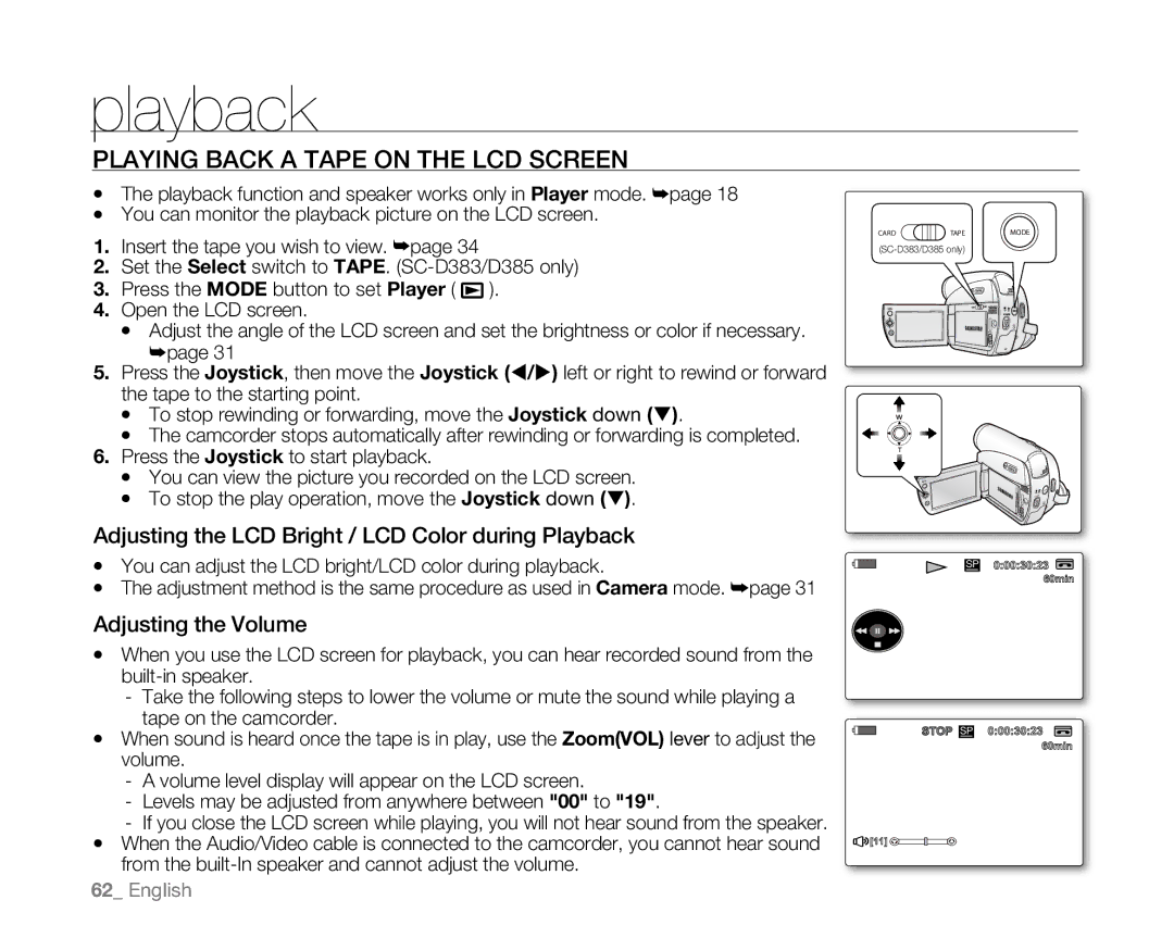 Samsung SC-D381 user manual Playback, Playing Back a Tape on the LCD Screen 