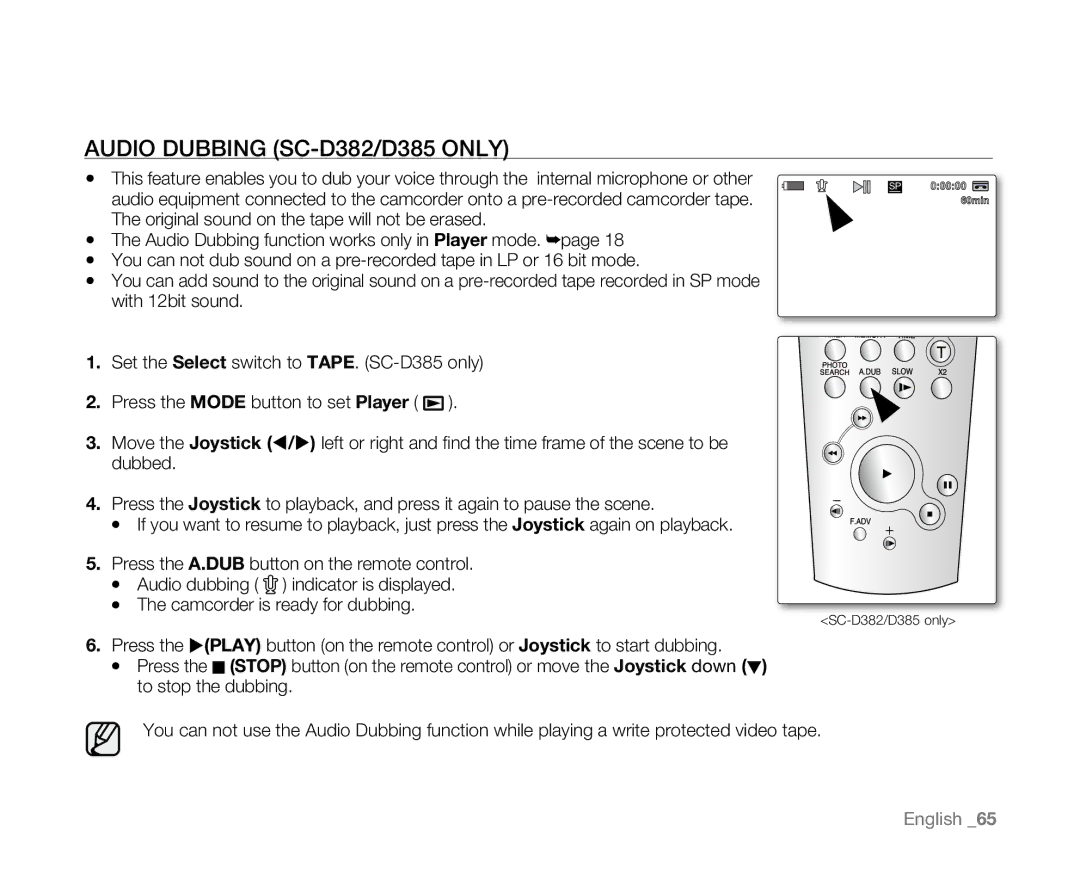 Samsung SC-D381 user manual Audio Dubbing SC-D382/d385 only 