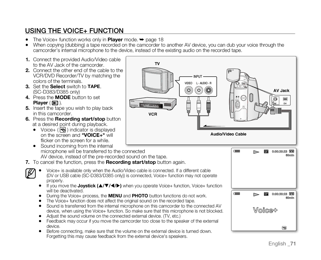 Samsung SC-D381 user manual Using the VOICE+ Function, Voice+ function works only in Player mode 