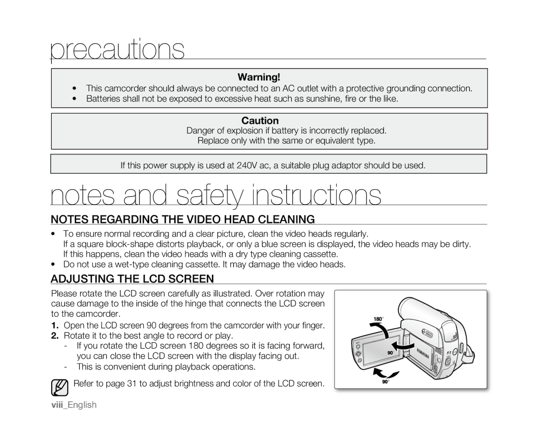 Samsung SC-D381 user manual Precautions, Adjusting the LCD Screen 