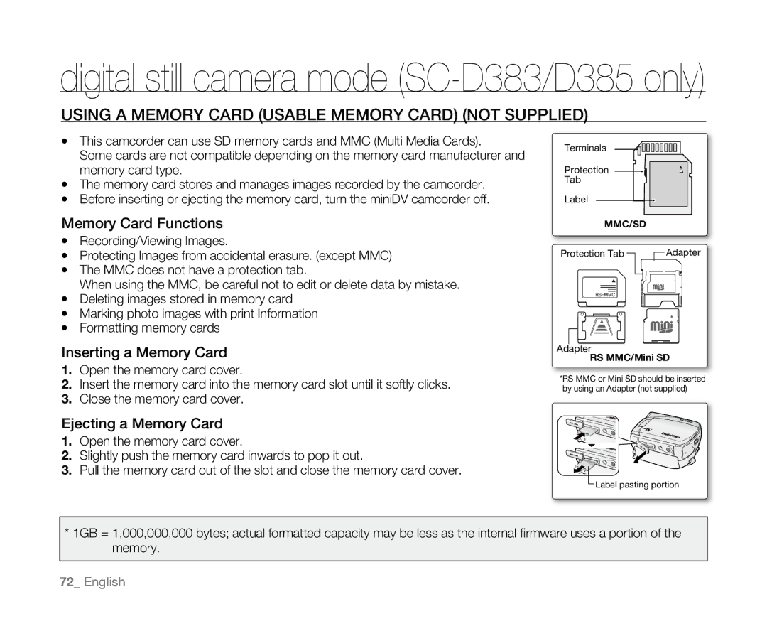 Samsung SC-D381 Digital still camera mode SC-D383/D385 only, Using a Memory Card Usable Memory Card not supplied 