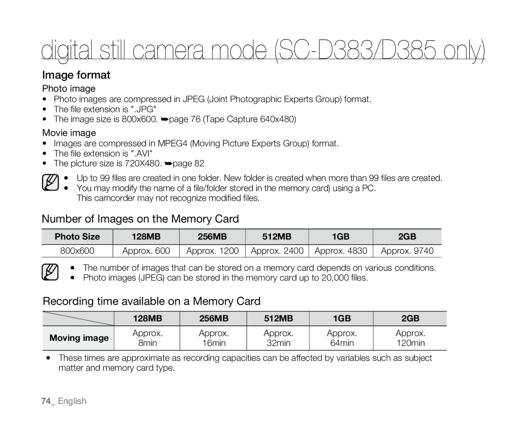 Samsung SC-D381 user manual Image format, Number of Images on the Memory Card, Recording time available on a Memory Card 