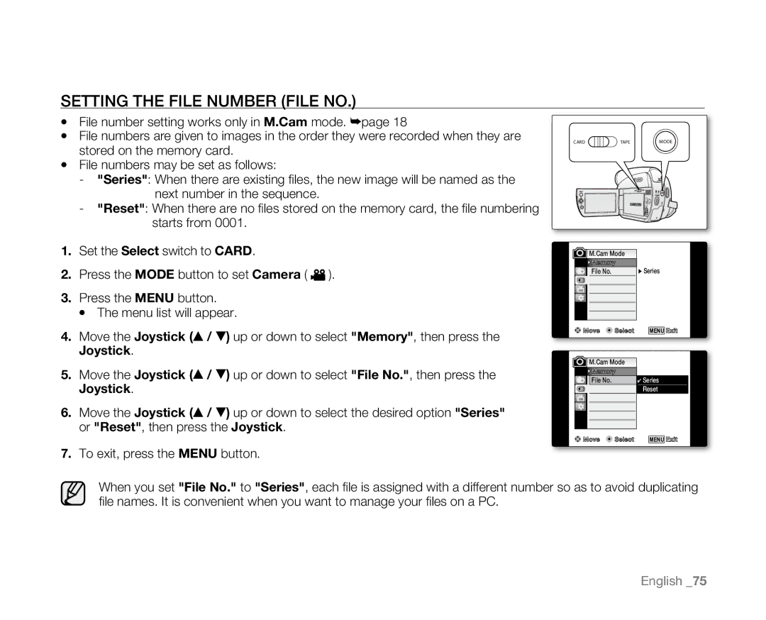 Samsung SC-D381 user manual Setting the File Number File No 