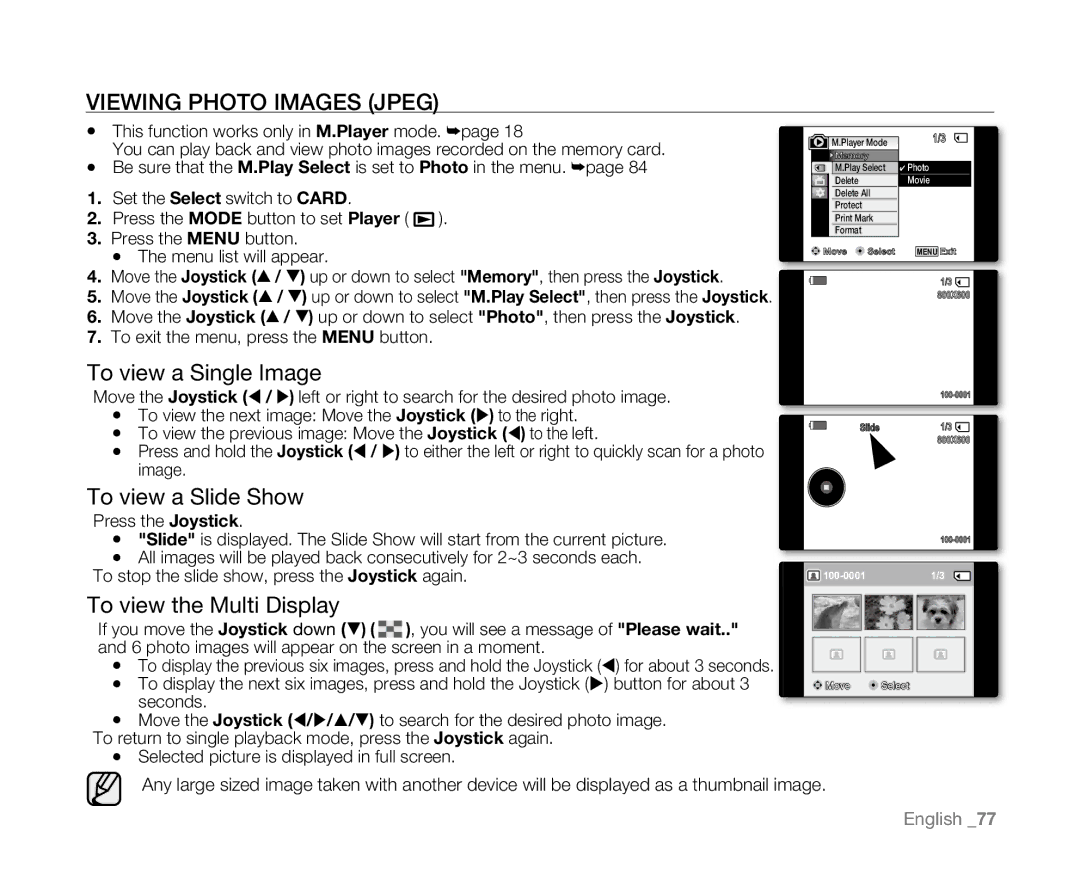 Samsung SC-D381 Viewing Photo Images Jpeg, To view a Single Image, To view a Slide Show, To view the Multi Display 