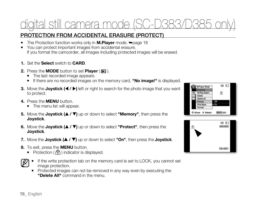 Samsung SC-D381 user manual Protection from accidental Erasure Protect, Joystick 